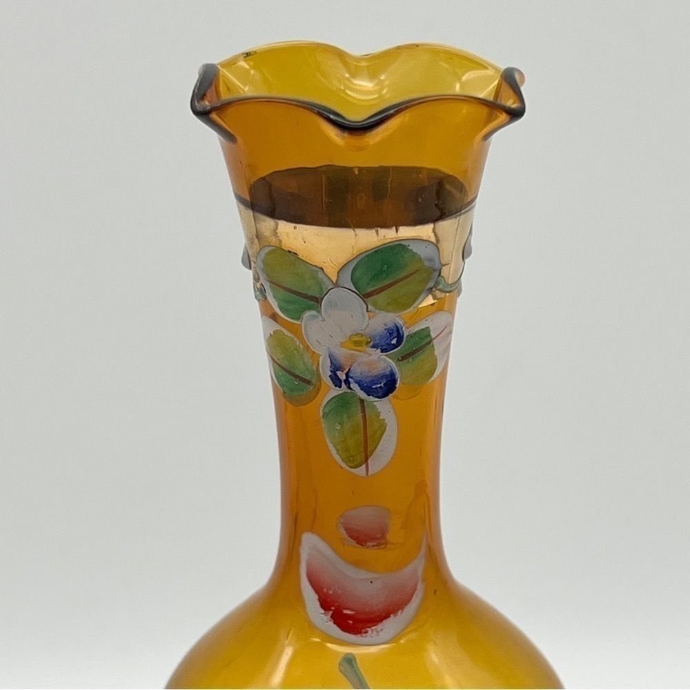 Vintage Amber Art Glass Floral Fluted Hand Painted Bud Vase With Gold Trim 7.75” - Picture 3 of 10